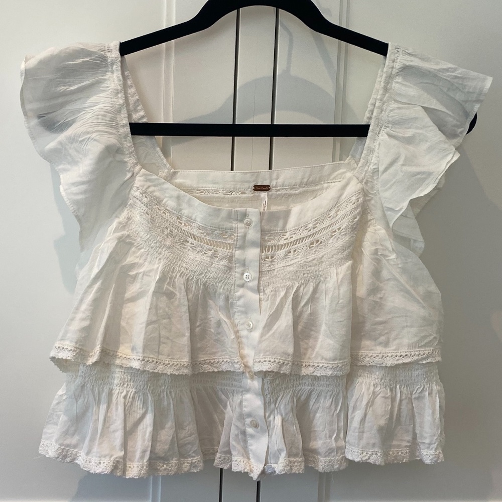 NWT Free People Ruffly Button-Up Top- White